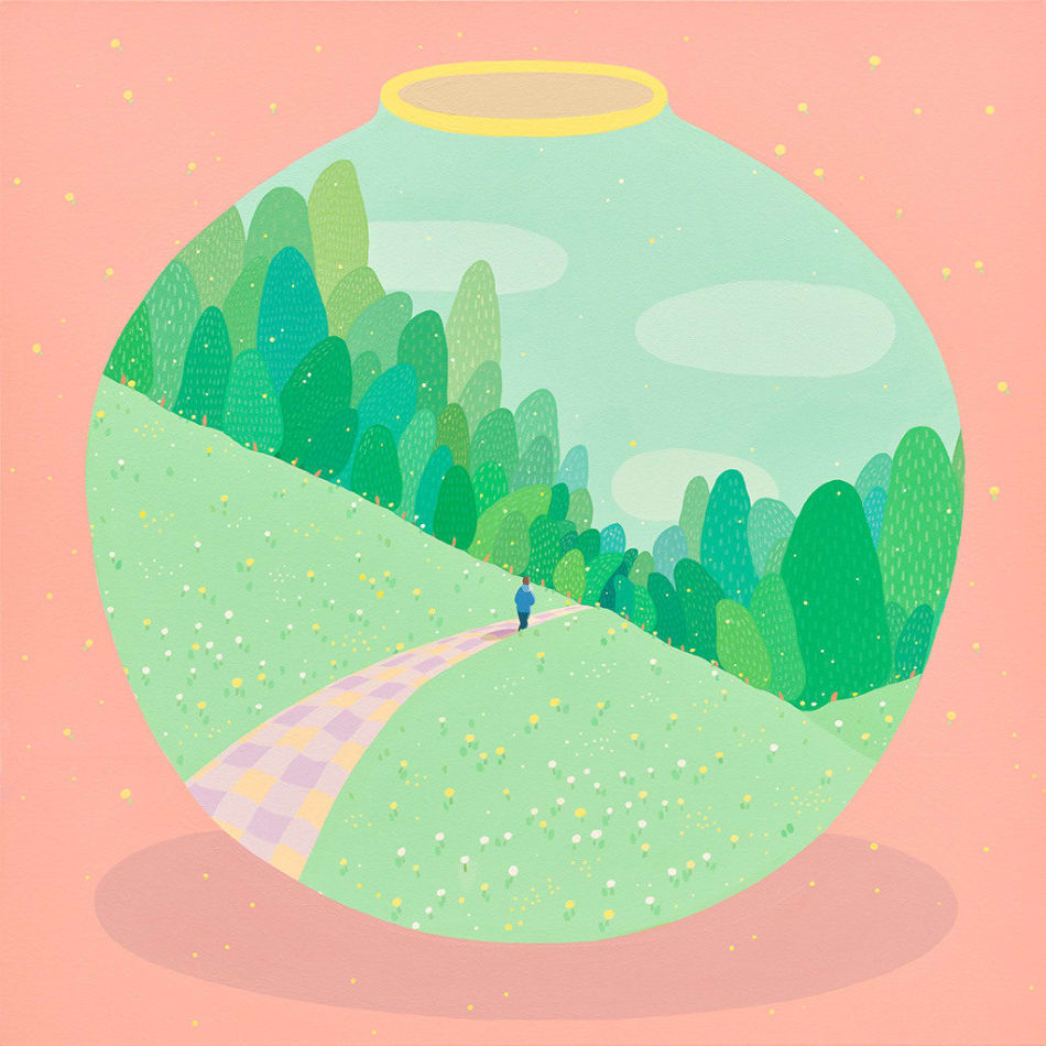 Danym Kwon - painting of a vase painted with a scenery of a person walking through the purple and yellow checker road into the forest. The background is pastel red with yellow dots.