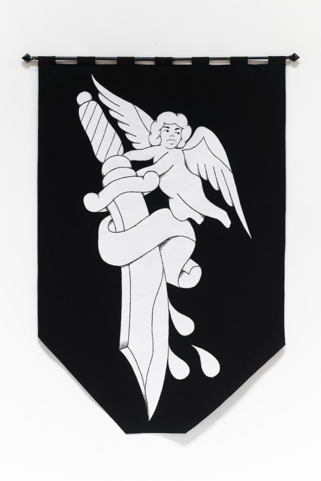 Chris Martin banner with angel and sword