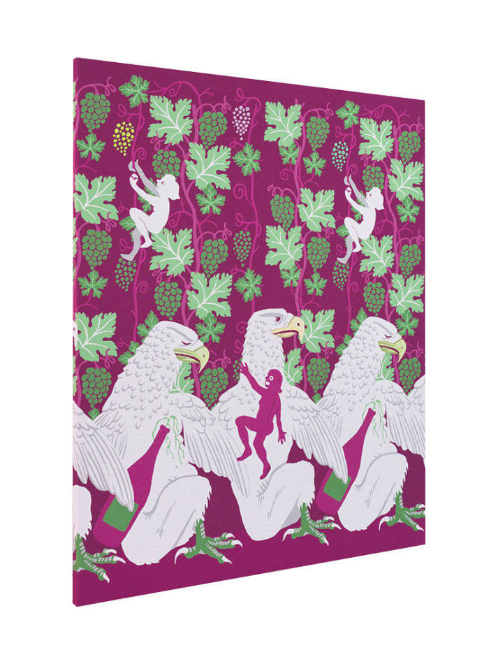 Oona Brangam-Snell hand-woven embroidery of eagles, grapes, and figures climbing