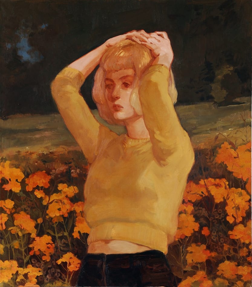 Rachel Gregor painting of girl with arms over her head in a field of flowers
