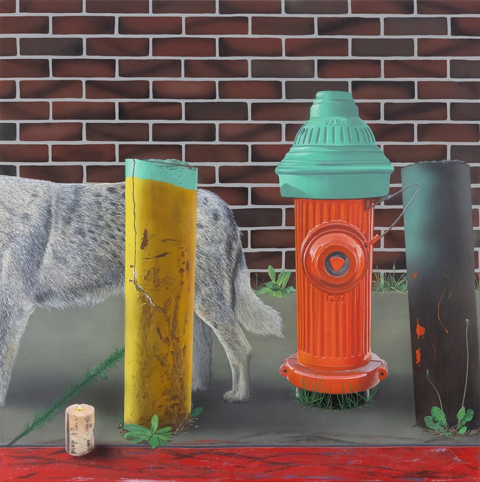 Painting of the hind legs of a salt and pepper coated dog next to a red and green fire hydrant on a sidewalk with a brick wall in the background