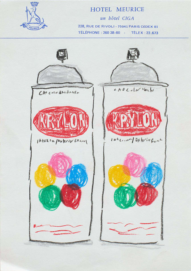 Drawing of two spray cans with the caps off on hotel stationery