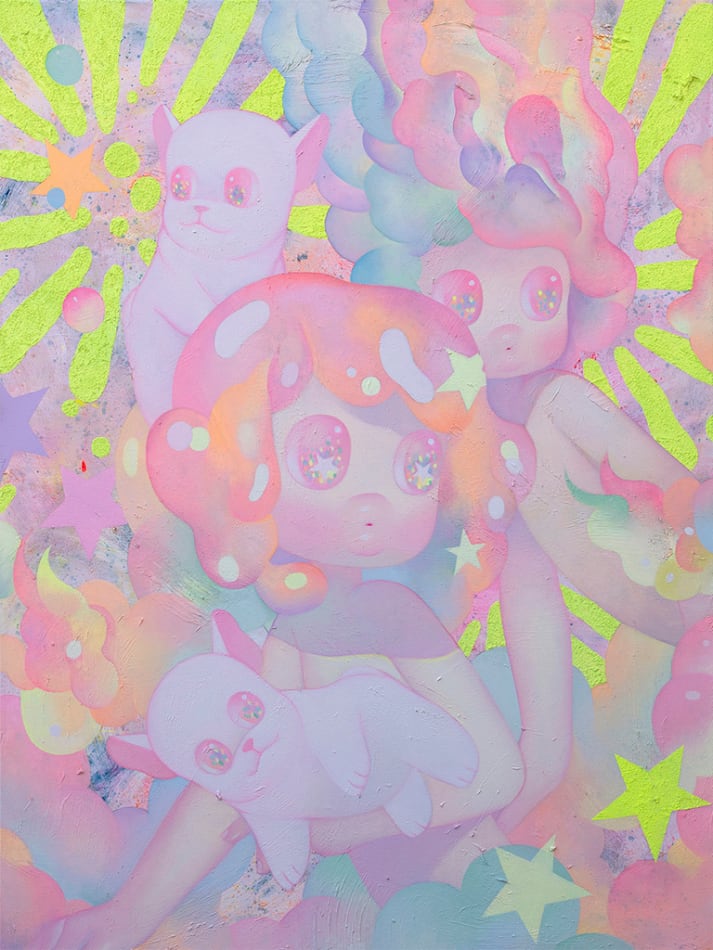 So Youn Lee painting of childlike figures and white bulldogs in pastel tones