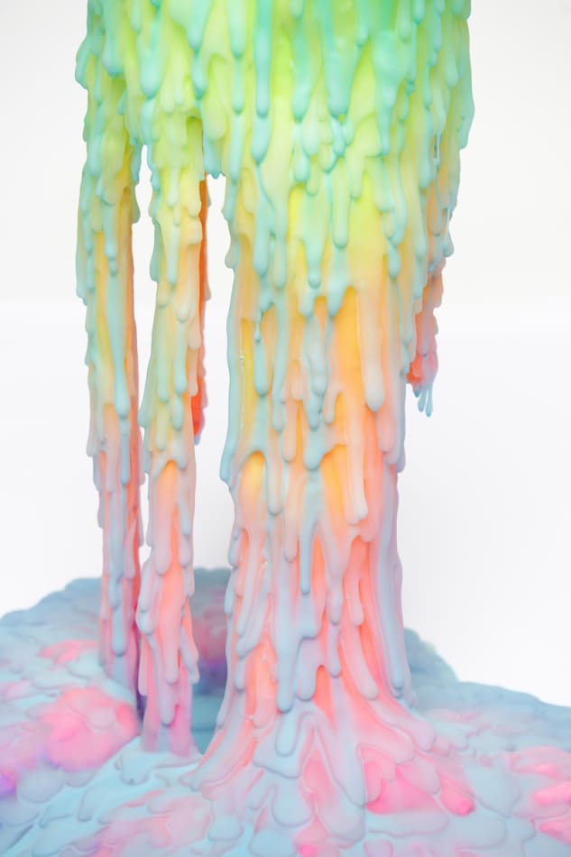Dan Lam slime sculpture with gradient of green, red, and blue