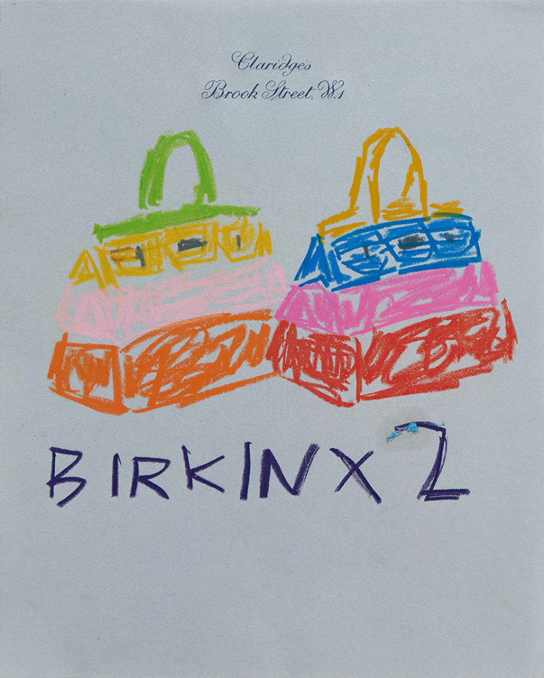 Drawing of two brightly colored Birkin bags with the words Birkin x 2 written below them on blue hotel stationery