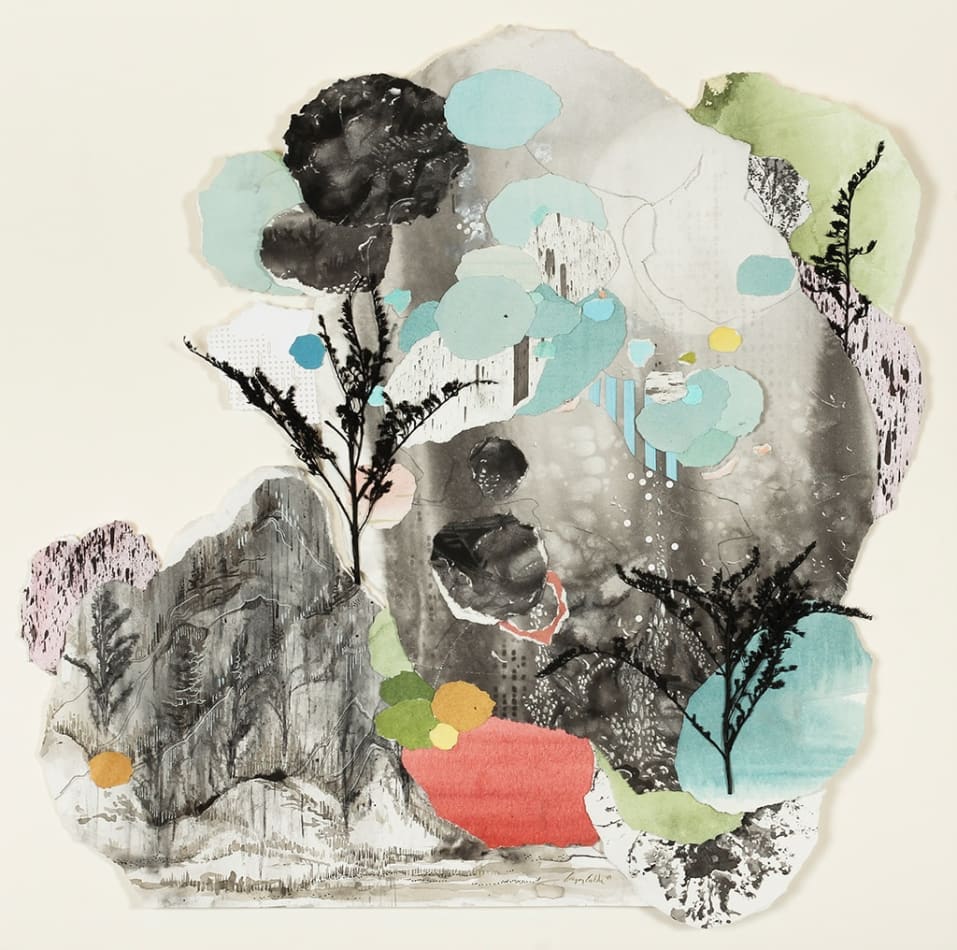 Gregory Euclide mixed media piece with torn paper, landscape with trees