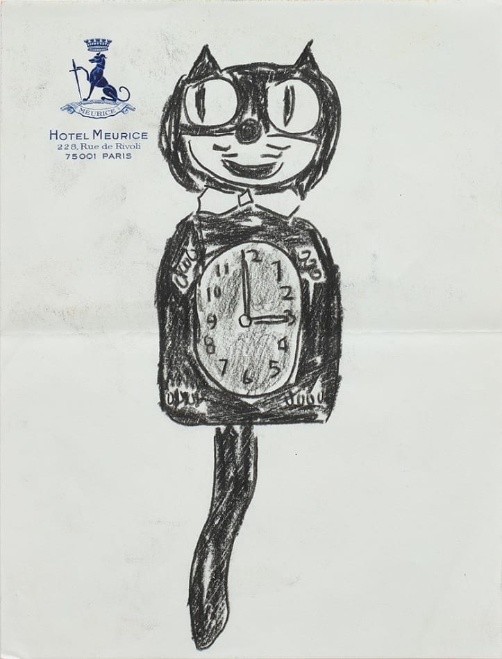 Drawing of a Felix the Cat clock on hotel stationery