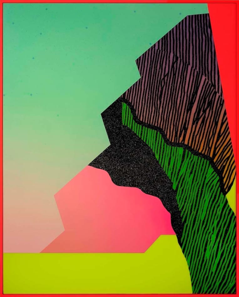 Rachel Strum paint and resin piece, abstract shapes in orange, green, yellow, pink and black