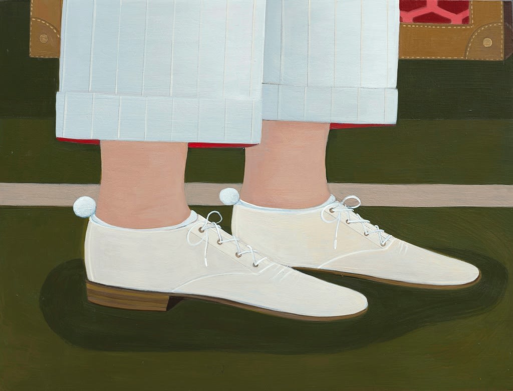 Painting of a person's feet wearing white tennis shoes with small pom poms on the back. They are wearing light blue pants that are cuffed and standing on a dark green floor with a white stripe in the back.