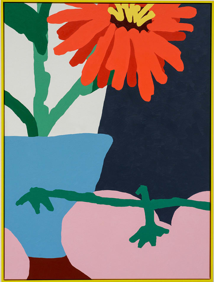 Painting of a red flower in a blue pot with large pink fruits on the table next to it.