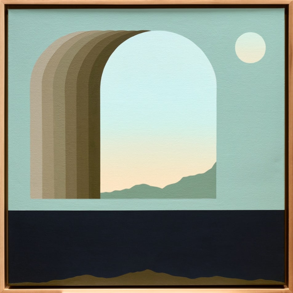 Painting by Madeleine Tonzi with a muted green, blue, and orange palette with an archway figure in the center and dark border on the bottom