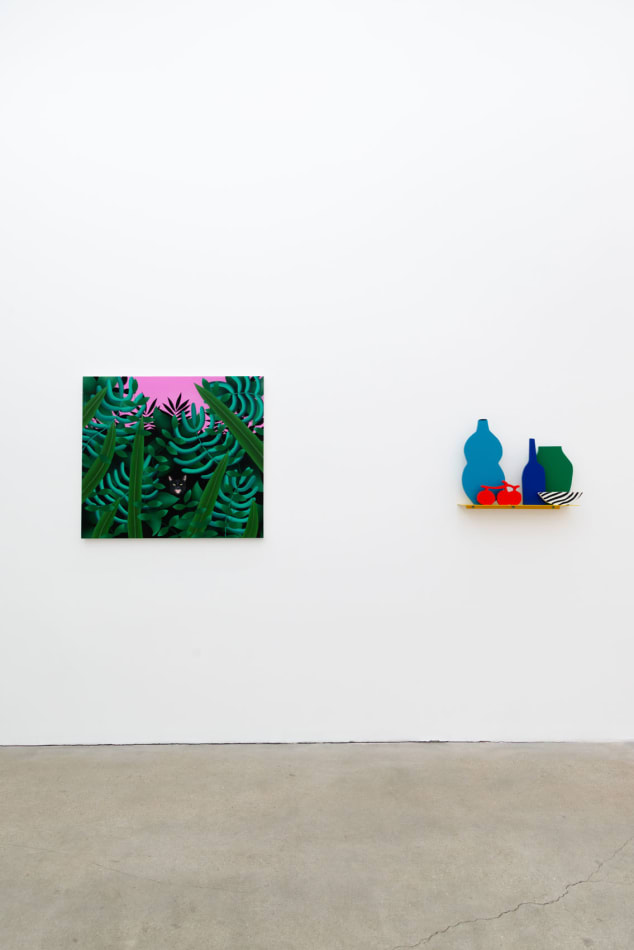 Installation image of 2 Blue Bottles, Green Vase, White Bowl and A Bunch Of Tomatoes next to I Know It's Too Late at Hashimoto Contemporary