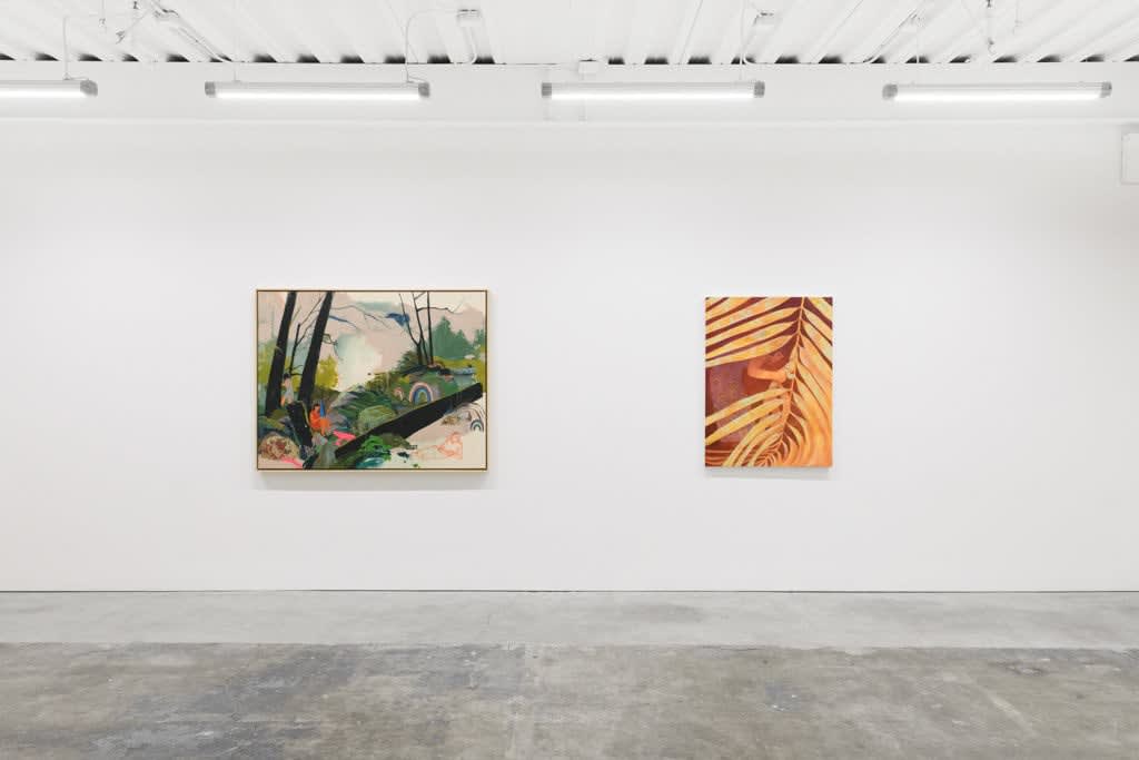Installation view of The Jaunt: Winter Camp group exhibition at Hashimoto Contemporary San Francisco. From left to right: Seonna Hong's painting