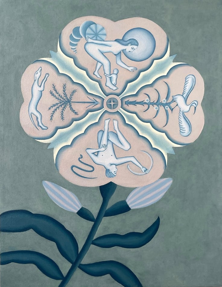 blue grep painting of a flower with four petals each containing an different image