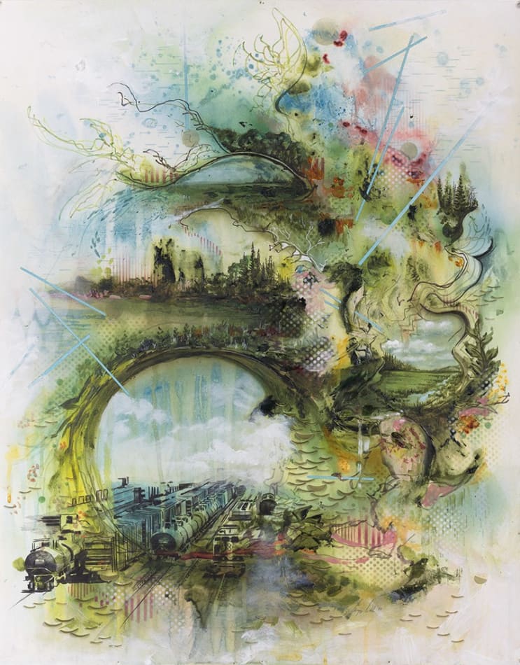 Gregory Euclide - acrylic and graphite work of abstracted nature and train scenes with a major color palette of green and blue.