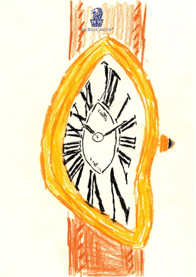 drawing by Michael McGregor of Cartier Crash watch on Ritz-Carlton hotel stationary