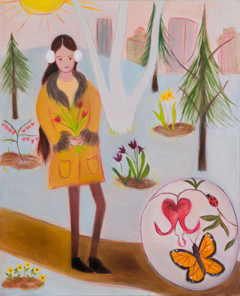 child like painting of a woman holding flowers walking down a park path