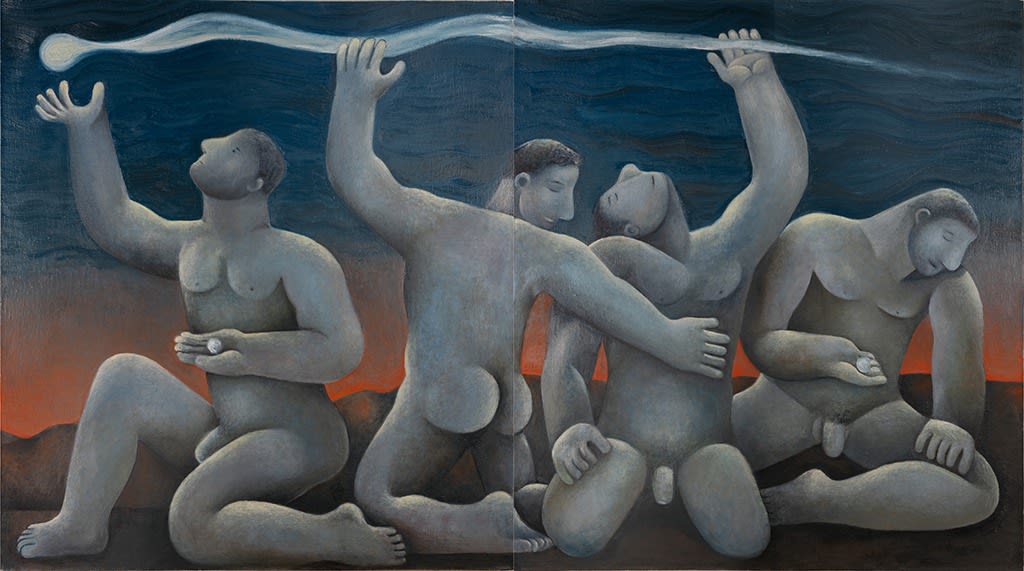 Painting of multiple nude men reaching towards an orb of light moving accross the top of the canvas
