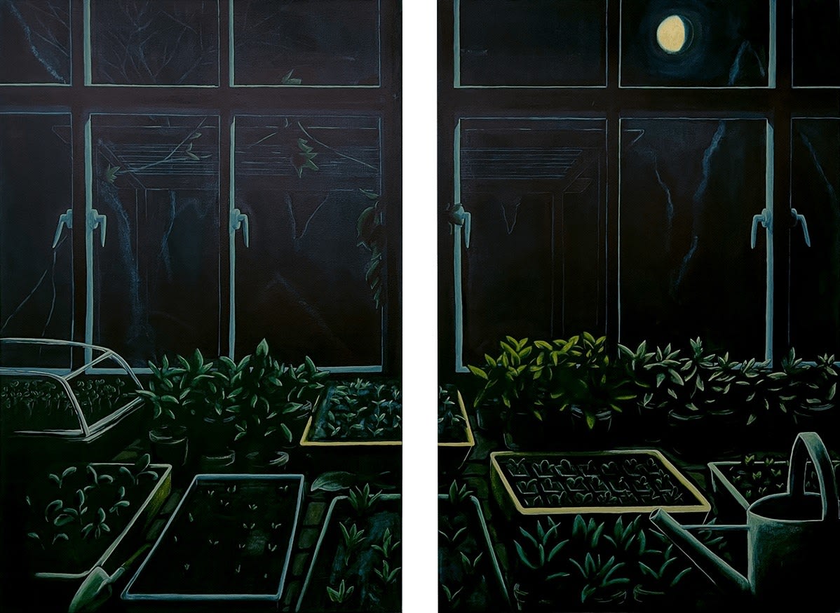 Grace Tobin painting of greenhouse at night. Window in background, moon visible in background, watering can in foreground