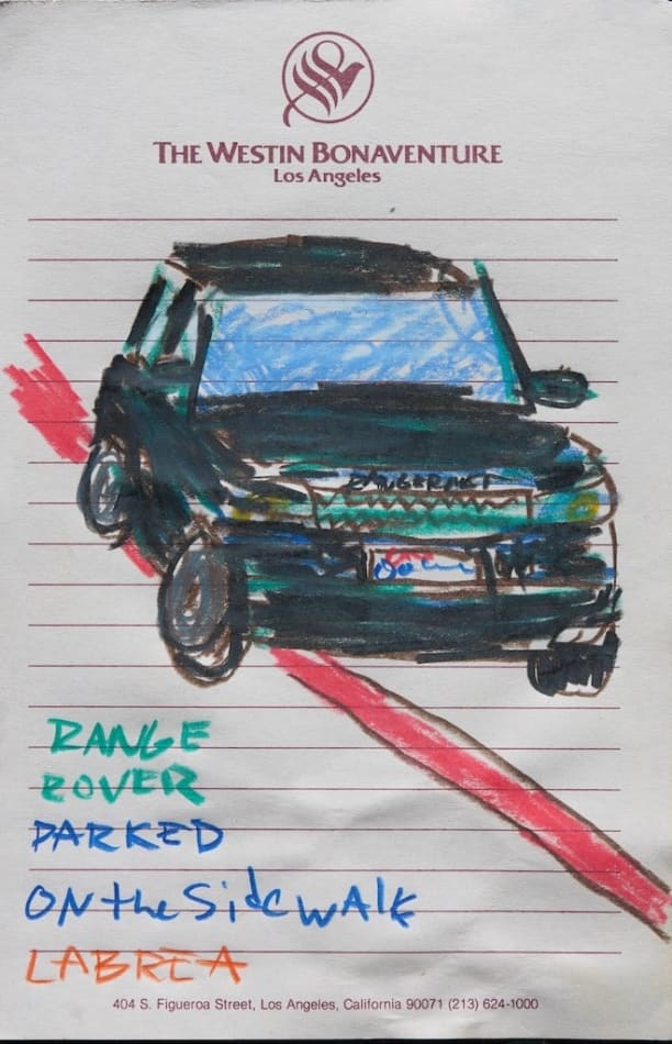 sketch of a black range rover car on hotel stationary