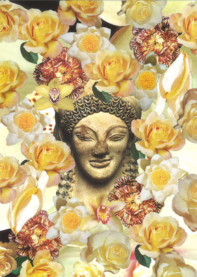yellow statue head/bust surrounded by yellow flowers