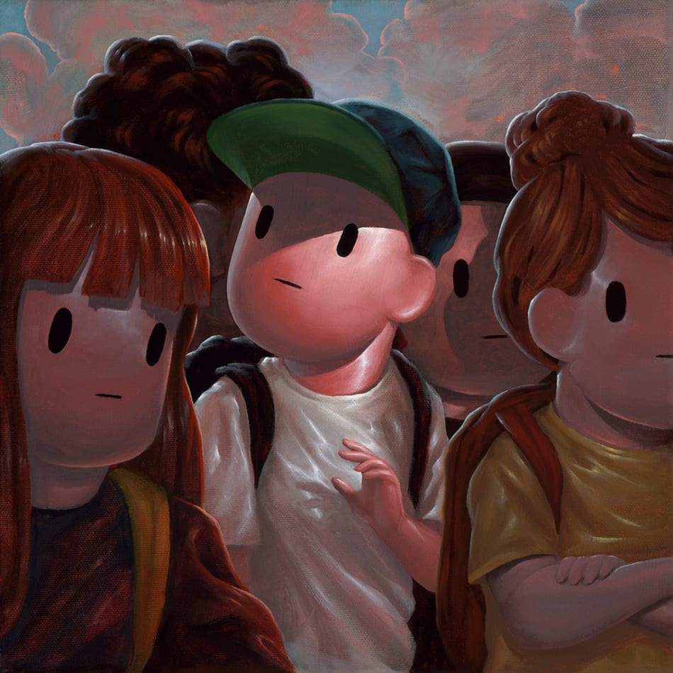 painting of children walking while one looks around in confusion