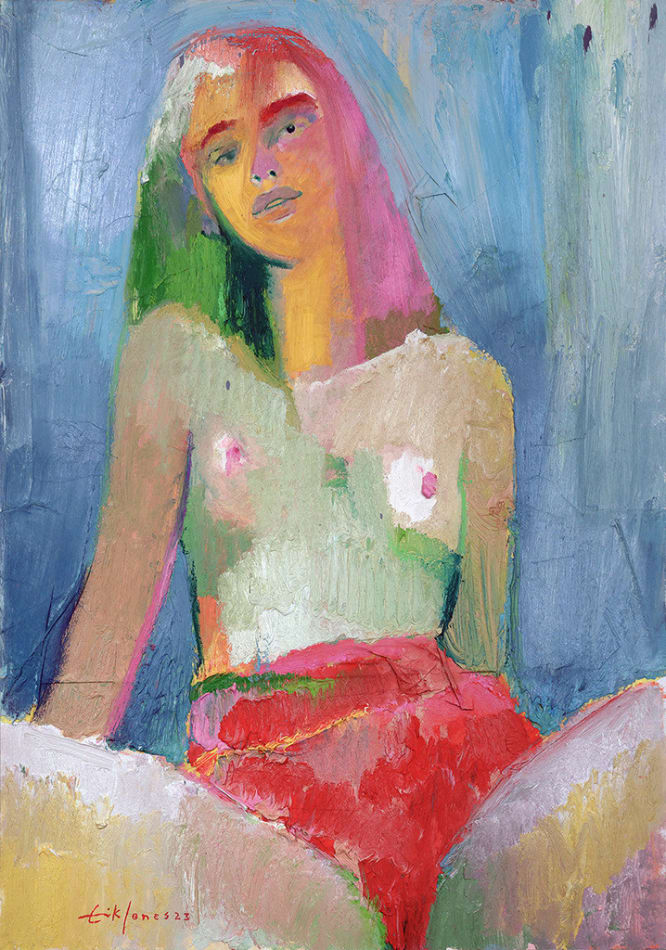 blurry image of a topless seated woman with open legs done in green, red and yellow