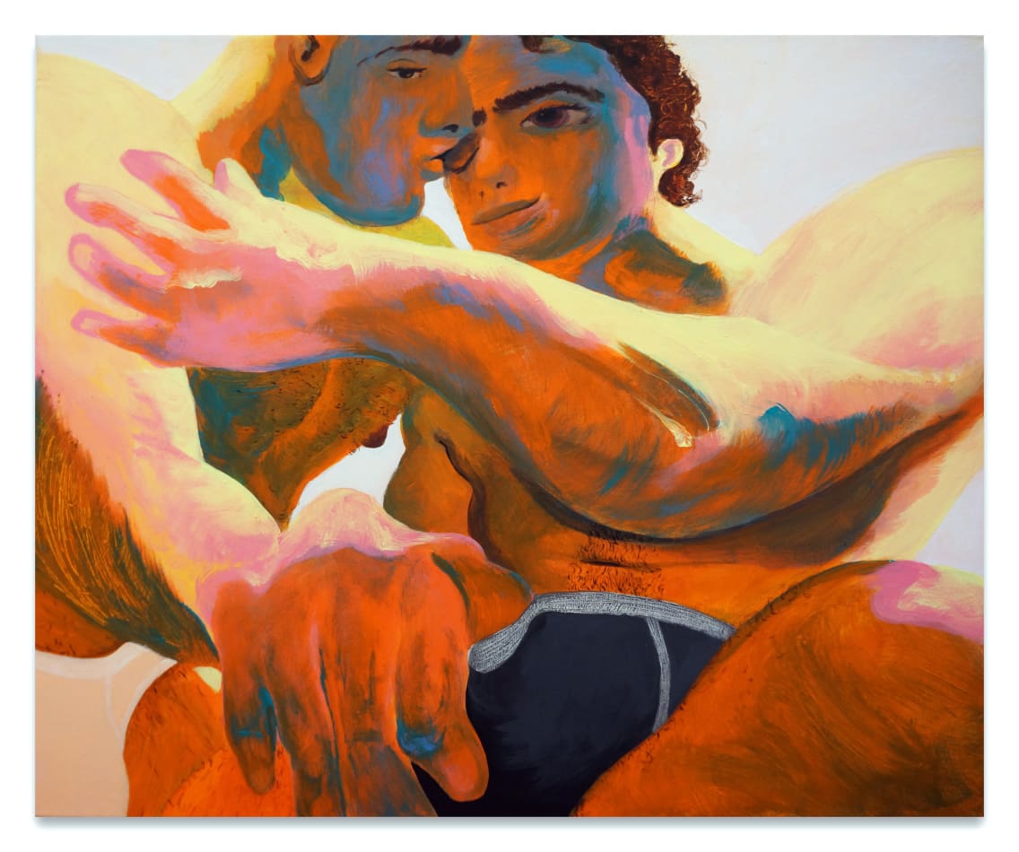 Painting of two men embracing each other. They are both shirtless, one is wearing dark blue underwear. The other is turning in to kiss the other on the cheek.