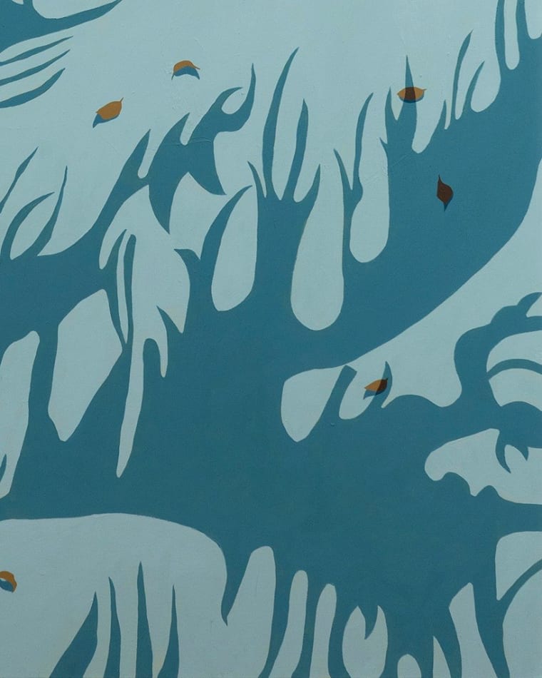 detail of Natalia Juncadella painting of blue pool with shadows cast over it