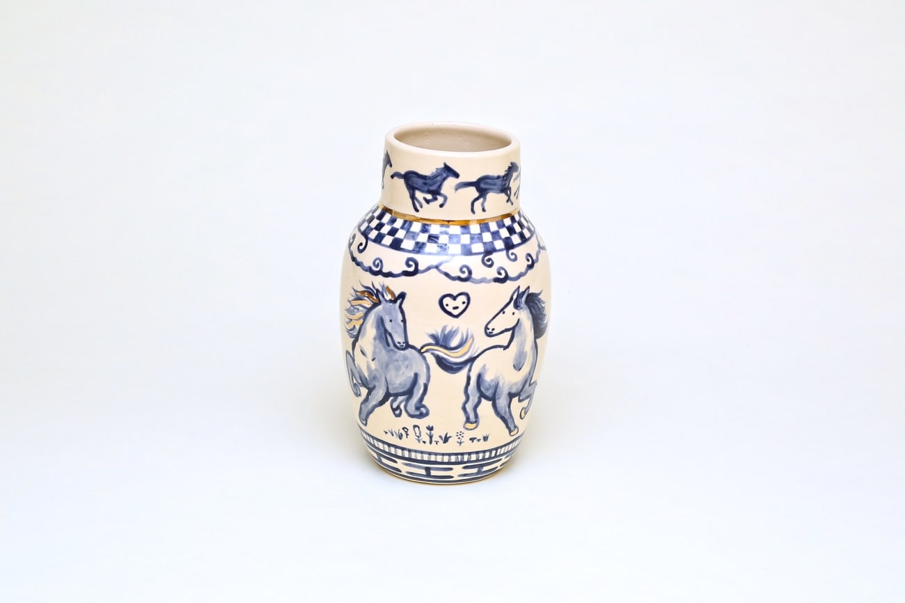 Catalina Cheng's vase with horses painted in blue