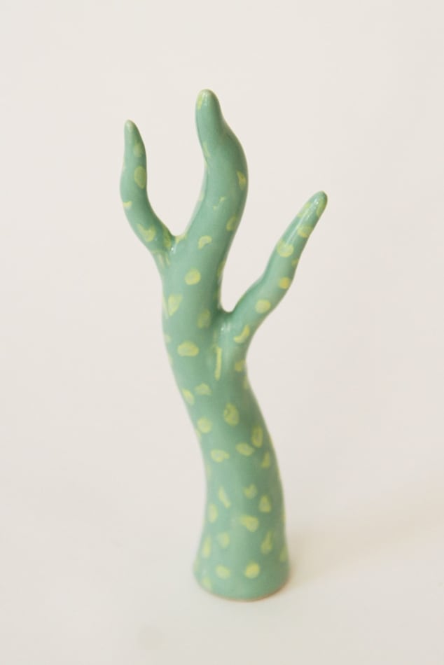 Jen Dwyer porcelain sculpture of stylized cactus light green with pale yellow spots