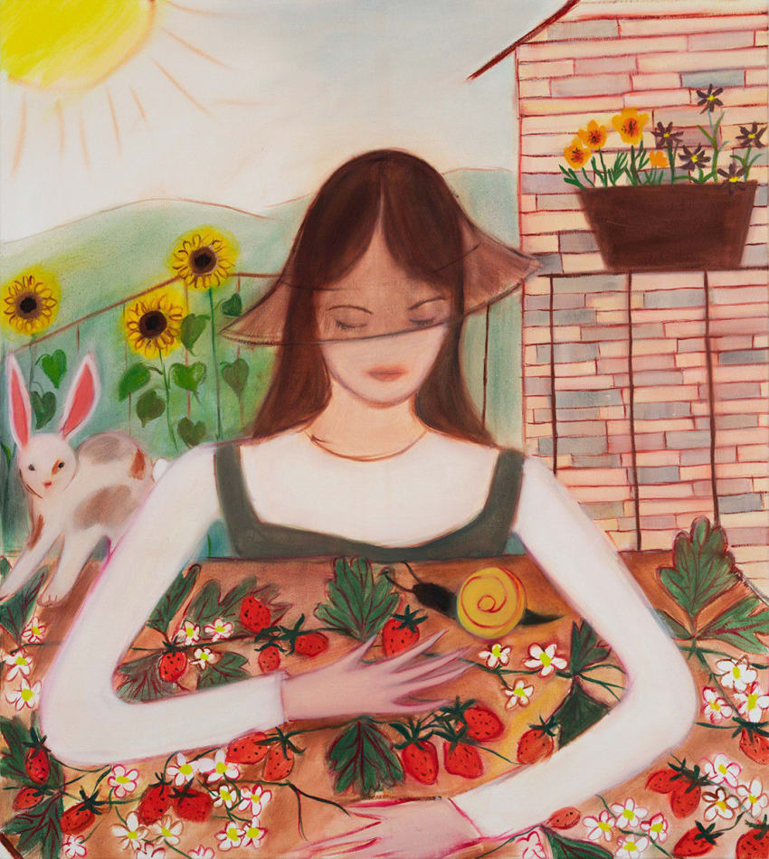 childlike painting of a woman holding a bunch of strawberries