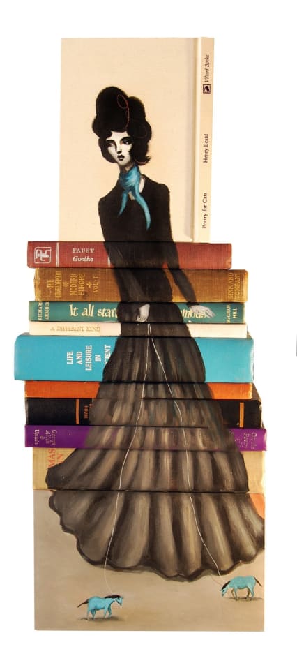 Mike Stilkey painting on books of woman