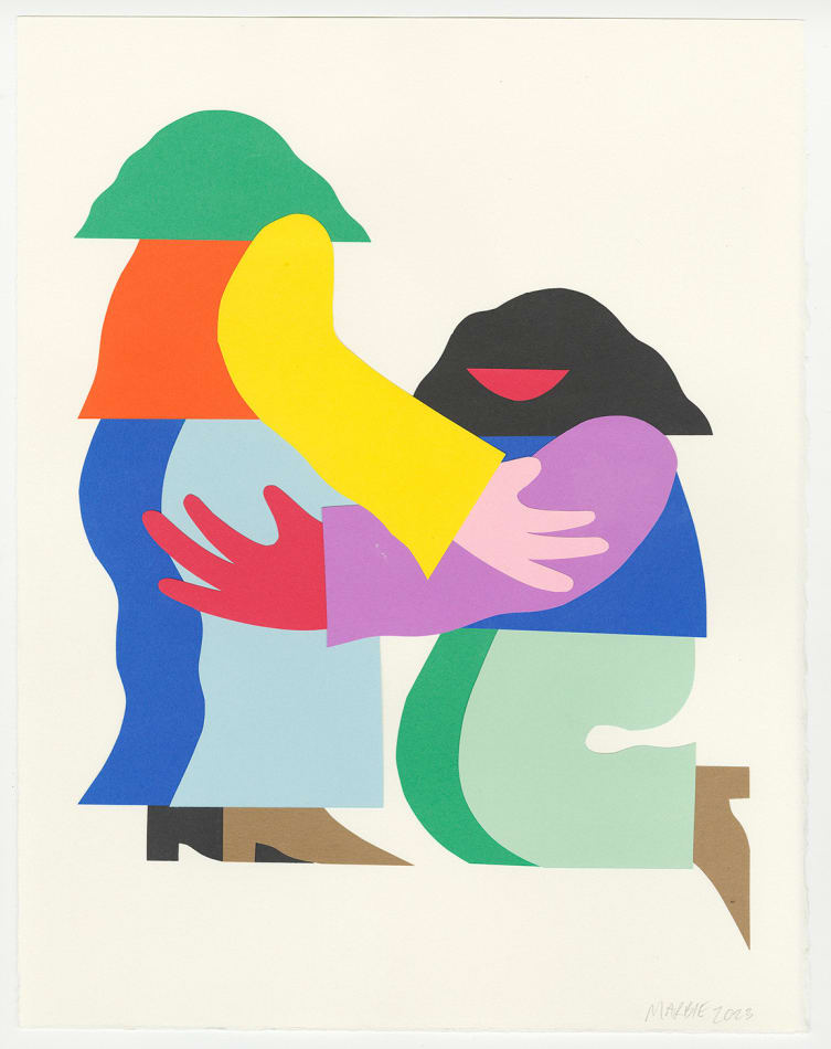 Two figures stand facing each other, one facing us the other with her back to us. The knealing figure, her head turned to us, holds the other figure's bum, the figure turned away from us holds the knealing figure's arm.