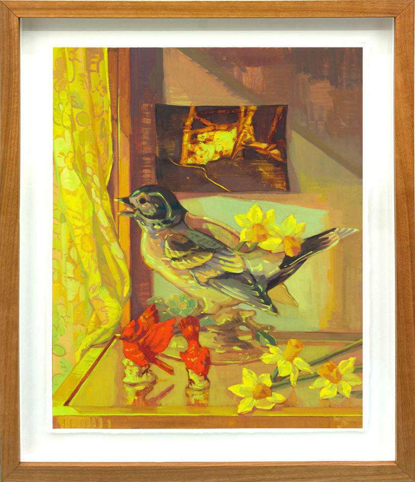 framed still Life painting of a shelf with flowers and a bird