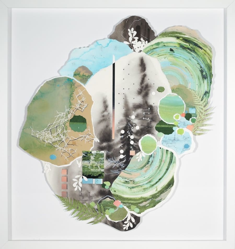 Multimedia collage of earthy elements, drawings, and paintings, in blue and green with a white frame