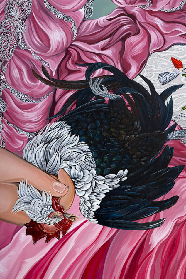 Detail photograph of the rooster with black and white feathers by Sabrina Bockler