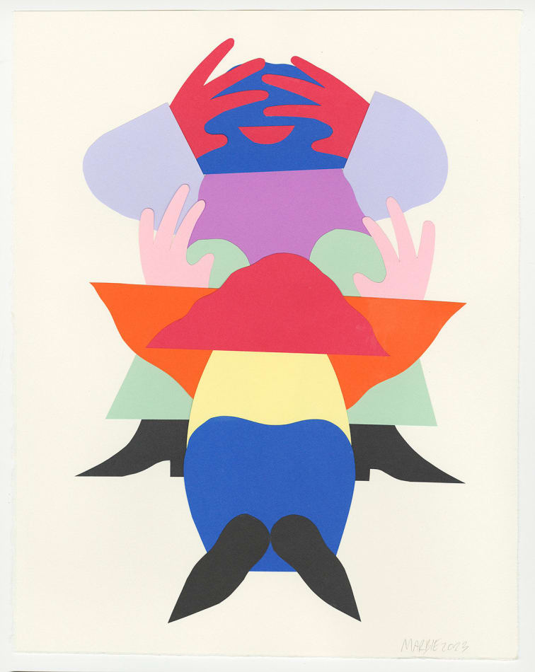 One figure knealing in front of another. The kneeling figure places her hands on the other's knees, the seated figure facing us places her hands on her hair, fingers in her blue hair.