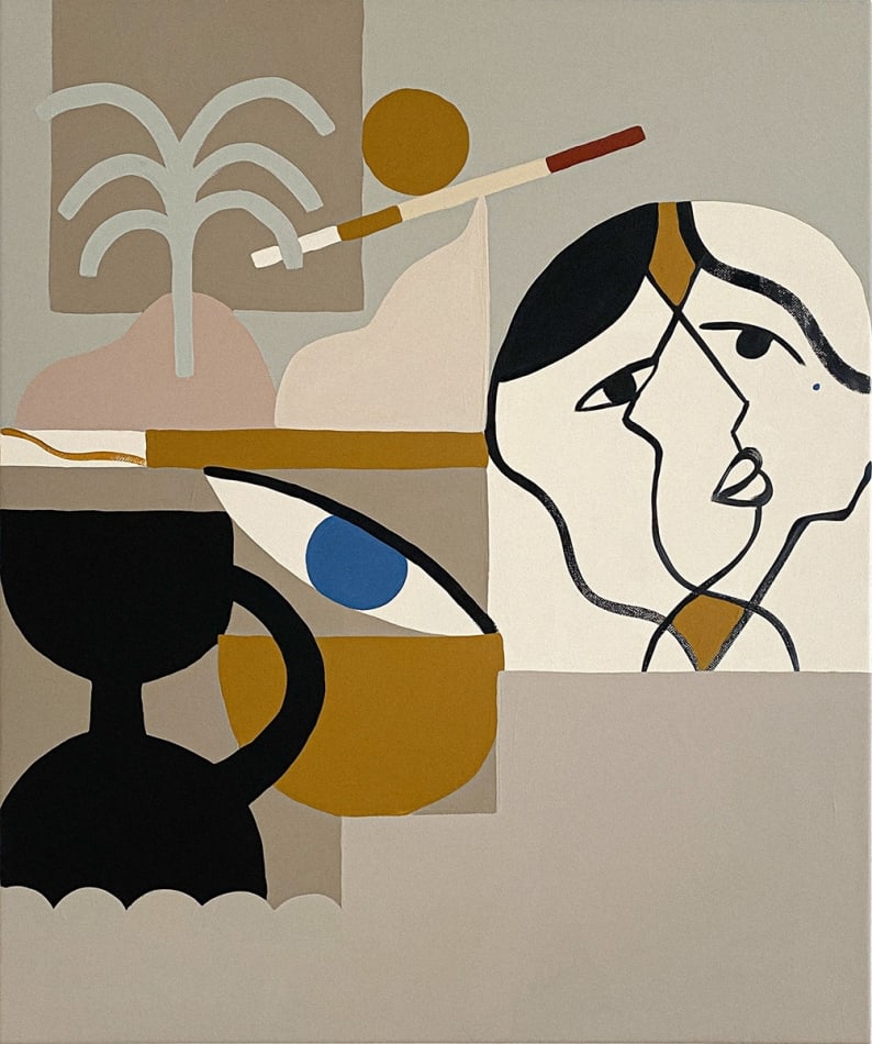 symbols representing faces and natural elements arranged over a light gray background