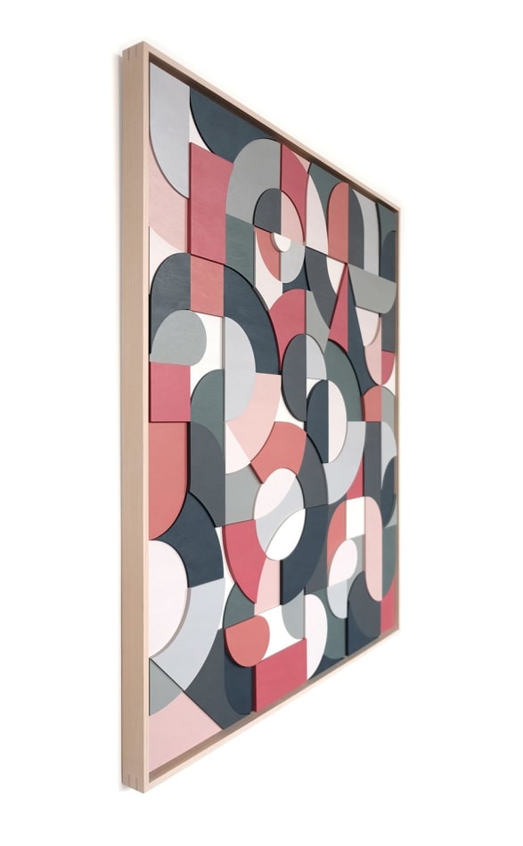 Scott Albrecht wood relief painting abstract forms in blue and pink tones