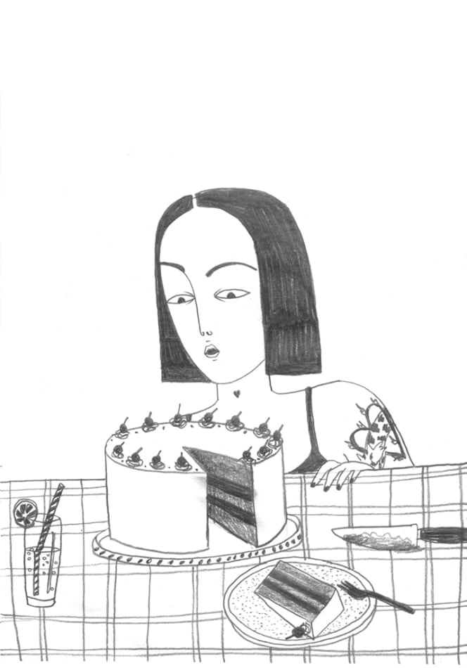 Irana Douer drawing of woman eating cake