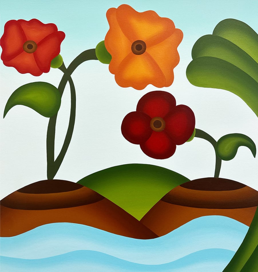Painting of brown breasts with flowers coming out of them surrounded by water and a green hill in the distance on a blue background