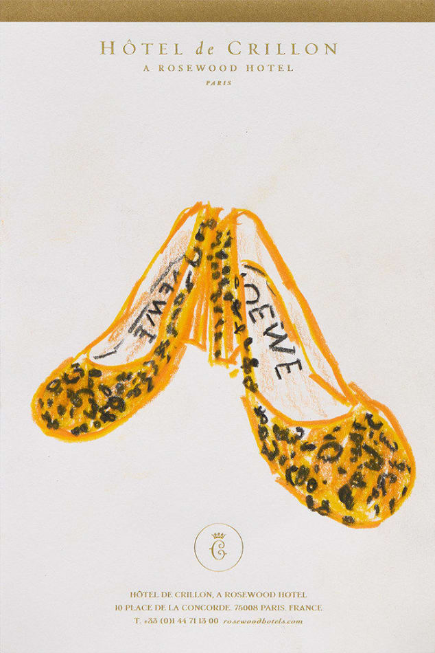 Drawing of a pair of leopard print heels on hotel stationery
