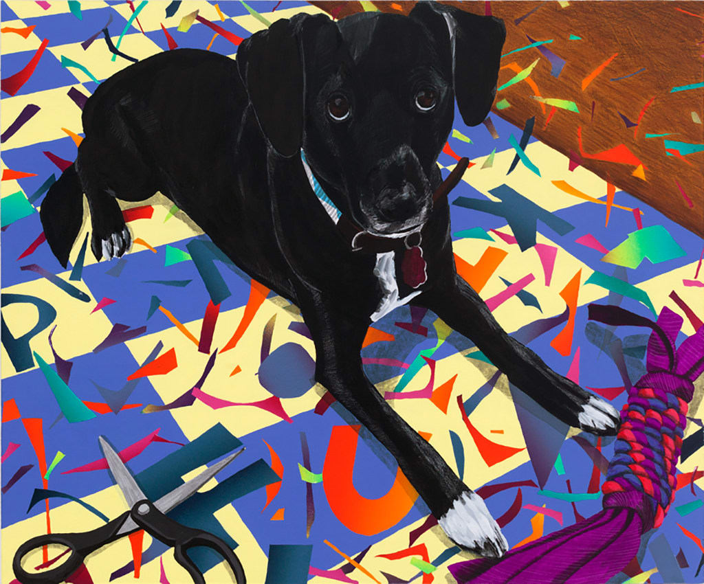 Karen Lederer painting of black dog laying on floor with scissors and scraps of paper around him