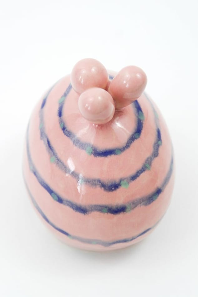 Jen Dwyer sculpture - round pink plant with blue lines