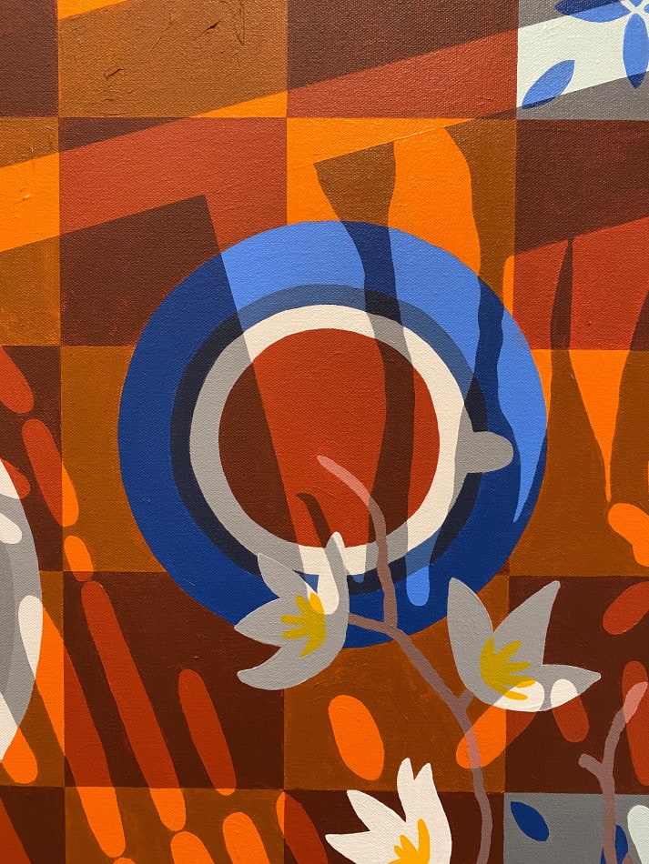 Natalia Juncadella painting of oranges, flowers and coffee on orange background detail
