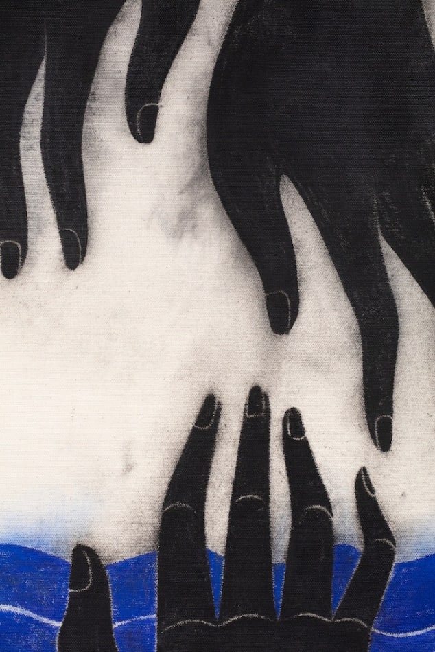 Hilda Palafox of two hands extending down into blue body of water, with a third hand reaching up - image is detail of fingertips