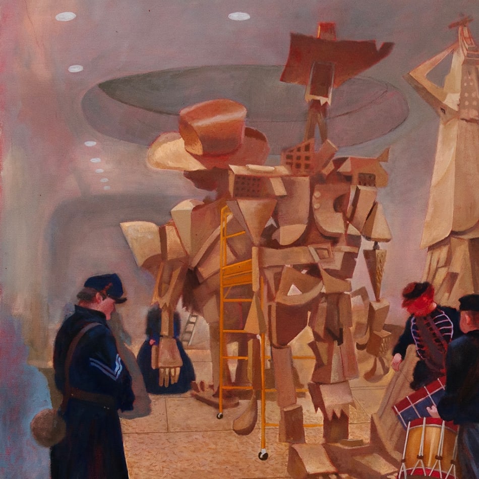 Painting of a studio set with several actors dressed as civil war soldiers surrounding a cardboard puppet