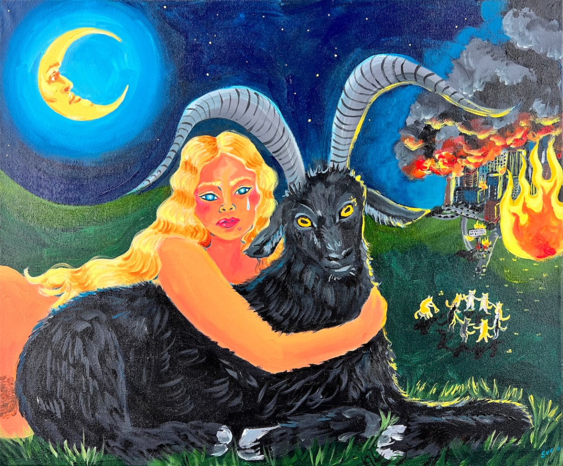 Serena Viola Corson - Painting of blonde woman cuddling a black lamb under the moon and by a city on fire.