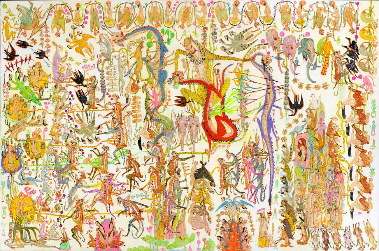 Mu Pan painting of animals and human hybrid creatures eating, fighting, sleeping, etc